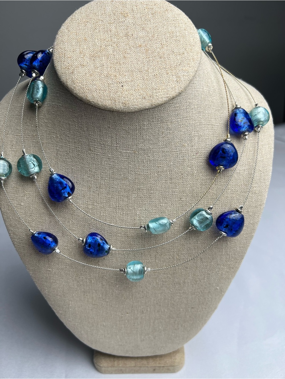 Blue Glass Round & Heart Bead Multi Strand Illusion Silver Tone Wire  Necklace
